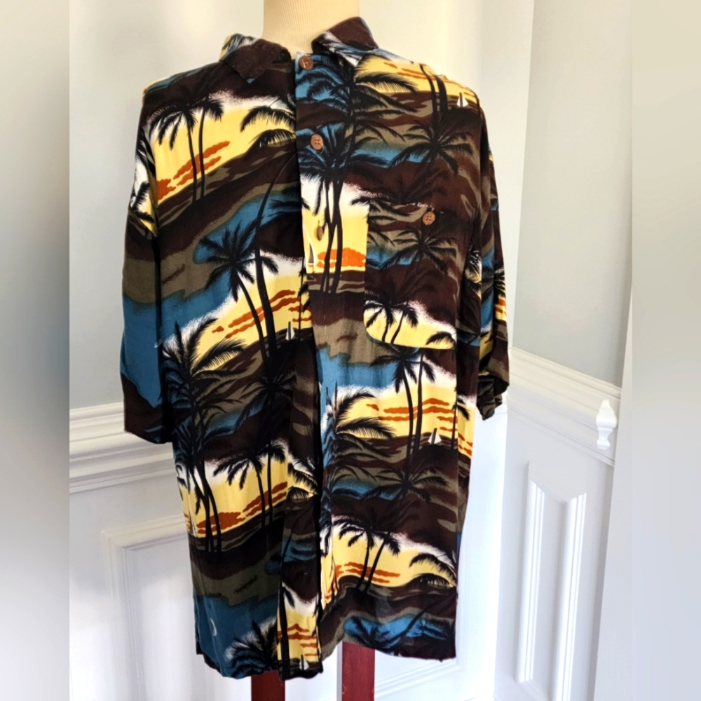 Vintage Y2K Hawaiian Buttondown Sunset Island Scene by Island Fever, 90s